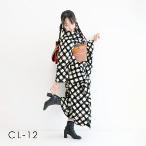 成人：クロッキー加工が施された個性的なチェックの振袖