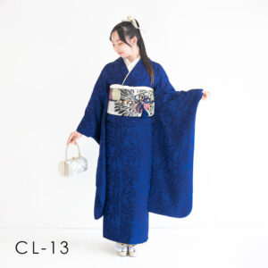 成人：洗練された深い藍色の無地振袖