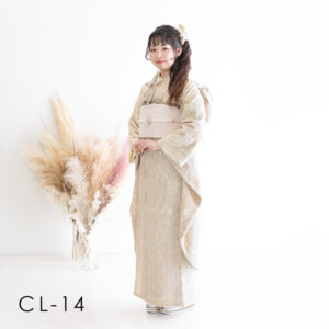 成人：ベージュの総レースに胸元のリボンがかわいい振袖