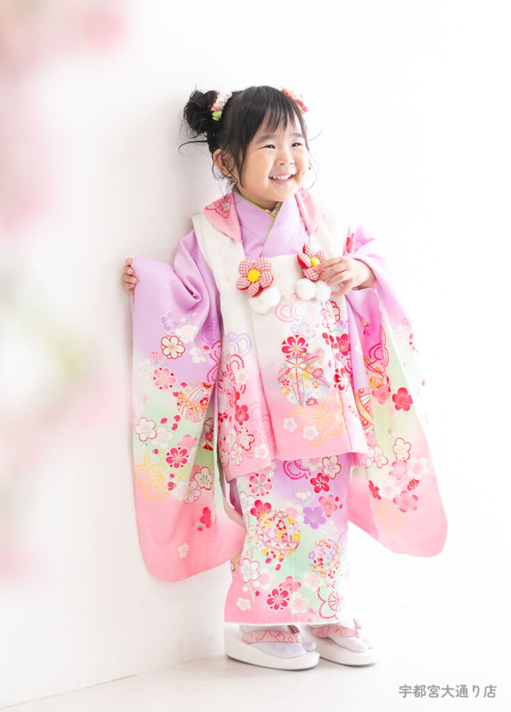 七五三３歳着物：宇都宮店の人気着物。３才の女の子が大好きなピンクとパープルのグラデーション着物。