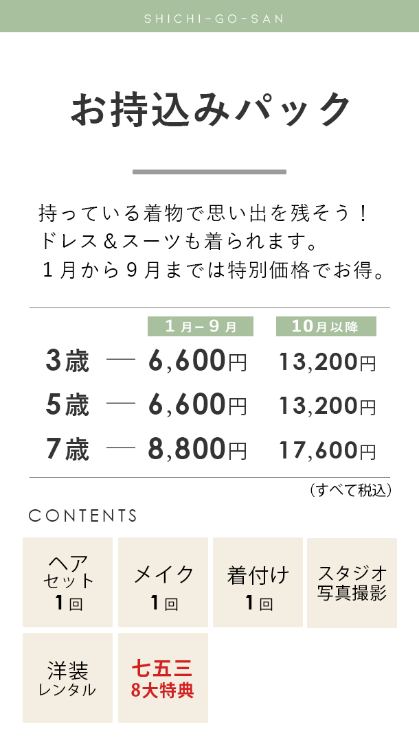 七五三、3歳5歳7歳のお持込みパックの料金