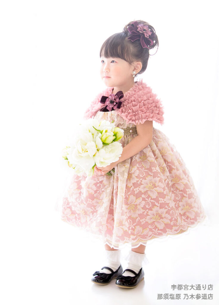 くしゅくしゅのピンクのボレロがかうぃい七五三3才女の子のドレス