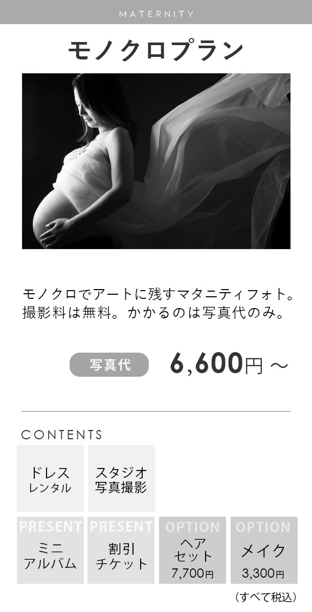 モノクロマタニティフォトプラン料金