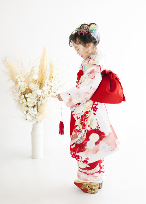 七五三：紅白の古典柄の豪華な着物を着た7歳の女の子。