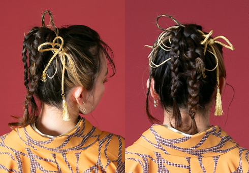 ヘアアレンジ：複数の三つ編みでつくられた編みおろしと個性的なリボンを合わせた成人式ヘアアレンジ