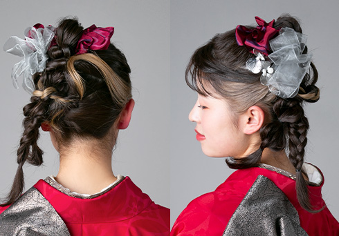ヘアアレンジ：アップでまとめた編みおろしにたくさんのリボンをあわせた成人式ヘアアレンジ